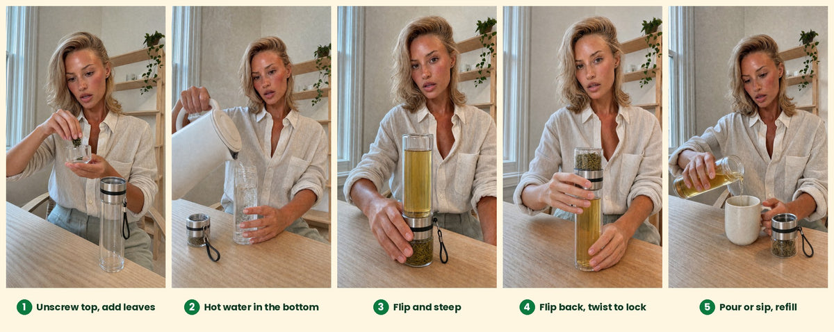 5 steps: unscrew top and add leaves, hot water in the bottom, flip and steep, flip back and twist to lock, pour or sip